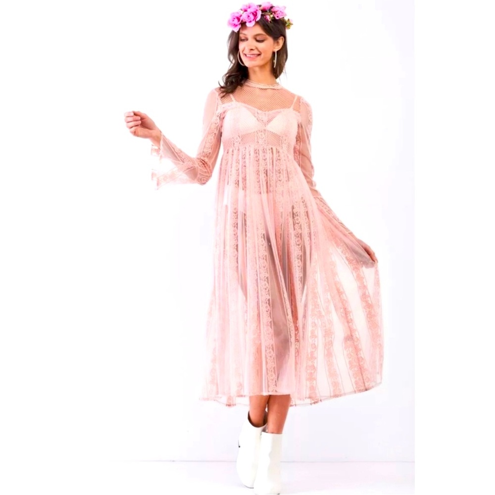 Sheer Lace Round Neck Flare Long Sleeve Midi Dress